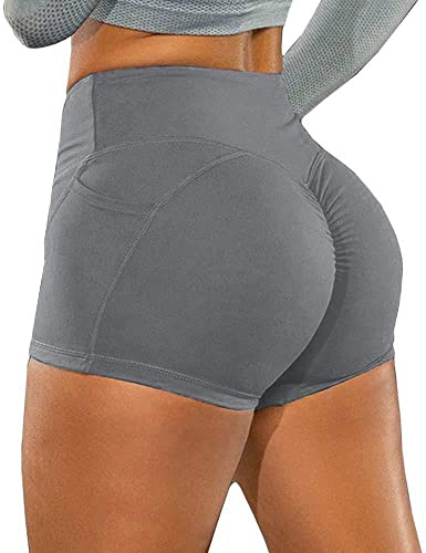 KOEMCY Pantaloncini Sportivi Donna, Fitness Pantaloncini Elastico Leggins Shorts Pantaloni Sportivi Corti Donna Push Up con Tasche per Palestra Jogging Allenamento Yoga Corti (Grigio, S)