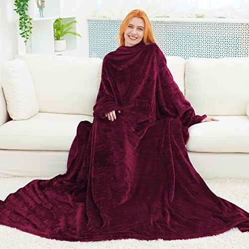 FARFALLAROSSA BataManta Mujer Polar Hombre Otoño Invierno, Manta con Mangas y Bolsillos Frontal, Blanket de Tejido Felpa Suave y Acogedor Burdeos 170x200 cm
