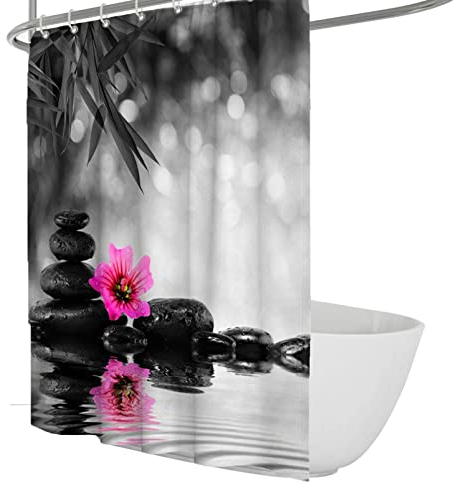 Schwarz-weißer Duschvorhang, Zen-Stein, rosa Orchidee, Yoga-Duschvorhang-Set, Elegantes Badezimmer-Badewannen-Vorhang-Dekor, Polyester, wasserdicht, 180 W x 220 l