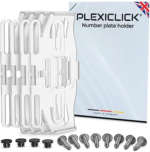 PLEXICLICK® 4x Number Plate Holder - Transparent - Frameless Number Plate Clips For Acrylic UK Number Plates - Universal Reg Plate Holder - Strong & Secure License Plate Holder - 100% Made In Germany