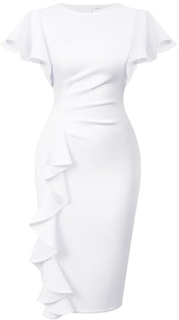 Memoriesea Women's Vintage Church Ruffle Sleeve Ruched Bodycon Work Midi Pencil Dress White