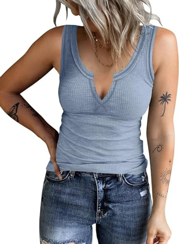 ELFIN Canottiera da Donna a Coste Estiva Sexy Scollo a V Senza Maniche Slim Fit Basic
