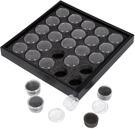 JasperKino 25 Gem Display Case Diamond Gemstone Storage Box, Small Round Plastic Containers Box Jewelry Organizer Container with Foam, Black Foam Gem Jars Showcase with 50 Gemstones Storage Jar
