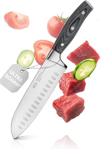 RÖSLE Santokumesser WOLFGREY 17,5 cm – Scharfes Küchenmesser & Kochmesser mit Kullenschliff – Santoku Messer, perfekt für Feines Schneiden, Würfeln und Hacken mit Leichtigkeit