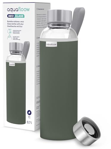 Aquafloow Bouteille d'eau, Brosilicate Étui en Néoprène 700 ml, Flacons d'eau en Verre avec Couvercle en Bambou, Sans BPA | Idéale pour Le Bureau, L'école, La Maison – Vert