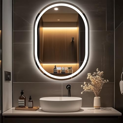 GREENSAPPIRE Bathroom Mirror with LED Lights, 600x800mm Oval LED bathroom mirrors with Display Anti-Fog, 3500K-6500K, Dimmable, Backlit Wall Mounted Mirror, IP54 Waterproof