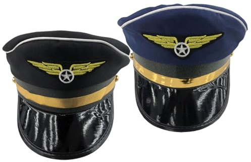 WEKAMOS 2pcs Cosplay Pilot Hat Adjustable Unisex Black Navy Caps for Party Costume Stage Performance Dress-up Accessories