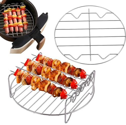 Airfryer Grille de cuisson - 20 cm - Support rond - Passe au lave-vaisselle - Avec brochettes - Insert de friteuse à air chaud en acier inoxydable - Pour cuire à la vapeur et griller