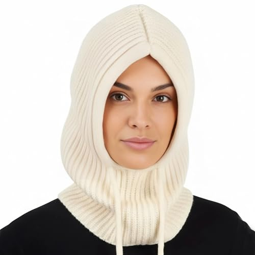 Bufanda con Capucha Gorro Gorro De Punto Cálido Pasamontañas A Prueba De Viento Bufandas con Cordón De Invierno Bufanda para Mujeres Hombres, Beige con Capucha, para Mujer, Pasamontaña