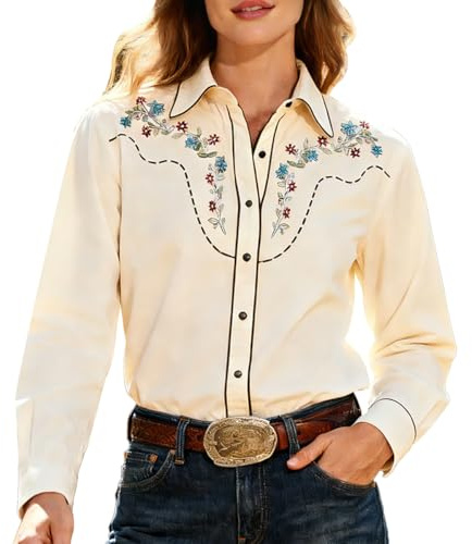 WAIDFU Chemisier Western à Manches Longues pour Femme - Motif Floral brodé - pour Concerts et Vacances
