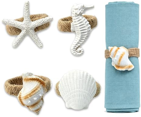 KASESSS Set di 4 Portatovaglioli A Tema Oceano, Rustico In Stile Costiero Anelli Portatovaglioli In Juta, Stella Marina, Cavalluccio Marino, Conchiglia, Buccino per Cene, Feste, Decorazione Da Tavolo