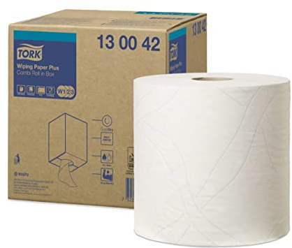 Tork 130042 Wiping Paper Plus / 2 Ply Absorbent Paper Roll for Tork W1 Wipers Wall/Floor & W2 Combi Roll Systems / White / 1 x 255m / Ø 26.2cm