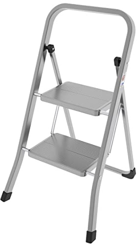 Colombo Scaletta 2 Gradini in Acciaio STABILO – Pieghevole, Compatta e Leggera, Gradini Larghi Antiscivolo 30x20 cm, Stabile e Sicura per Casa e Cucina