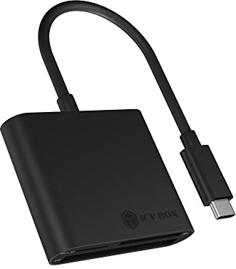 ICY BOX 60649 BOX SD Card Reader mit USB-C, USB 3 Kartenleser für SD, micro SD oder CF, integriertes Kabel, Aluminium, Schwarz