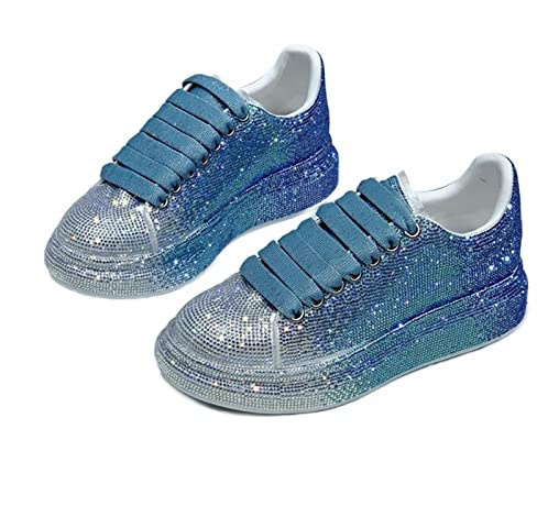 Julymens Dam Glitter Strass Plattform Sneakers Casual Snörning sportskor, Blå ankelhög, 39 EU
