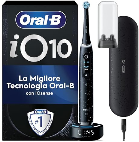Oral-B iO Series 10 Elektrische Zahnbürste + Ersatzbürste , Bluetooth, 7 Bürstmodi, Coaching, 1 Reisetasche, 1 Tasche, Schwarz / Cosmic Black (Verpackung kann variieren)