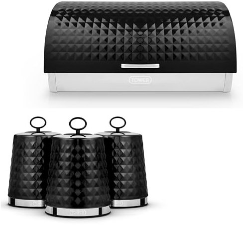 TOWER Solitaire Black Roll Top Bread Bin & Tea, Coffee & Sugar Canisters Set. Matching Contemporary Design Stainless Steel Kitchen Storage Set in Black with Embossed Diamond Design