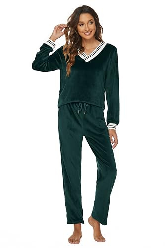 Ietaoo velour träningsoverall dam pyjamas tvådelad joggingdräkt sportdräkt vinter V-ringad tröja och byxor Nicki hemmadräkt pyjamasset, Grön, XL
