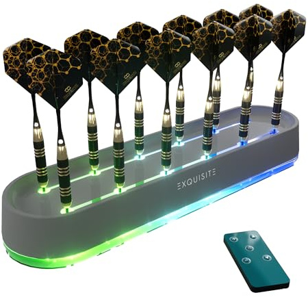 CC-EXQUISITE Soporte para dardos, color gris, pantalla LED RGB con control remoto e iluminación personalizable, soporte para puntas de acero y blandas, puede sostener hasta 12 dardos, organizador de
