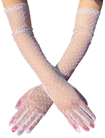 Polka Dot Long Lace Tulle Gloves,Women Mesh Sheer Gloves,Elegant Bridal Gloves,Black/White Semi Sheer Tea Party Gloves for 20s Opera Dance Costume