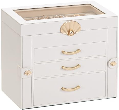 Enthralite Jewelry Box with 3 Drawers : Jewelry Display Organizer for Earrings Necklaces - Gift for Girls Women | White