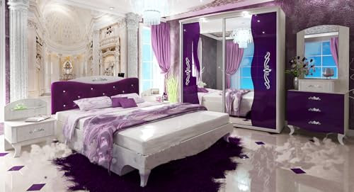 Camera da Letto Completa con Armadio ad Ante Scorrevoli e Specchio 1 Comò 2 Comodini e Letto Matrimoniale Arredo Bianco Legno e Viola CDLU6 (camera + rete + materasso)