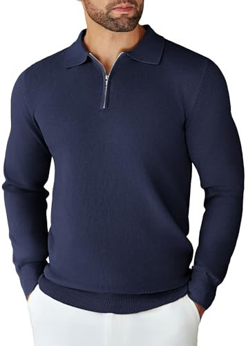 COOFANDY Herren Pullover Polo Kragen Half Zip Strickpullover Feinstrick Männer Sweatshirt Basic Winterpullover Langarmpullover Pulli Marineblau M