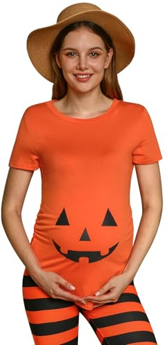 For G and PL Maglietta premaman da donna a maniche corte con scollo rotondo per Halloween, taglie S-XXL, Zucca Arancia Scolpita Viso, XXL