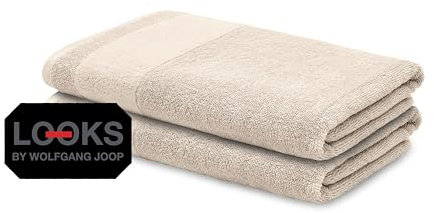 LOOKS BY WOLFGANG JOOP 2X Handtuch 50x100 cm – 100% Baumwolle Doppelpack Luxus Handtücher mit Aufhänger & Logostick, 2er Set Handtücher beige