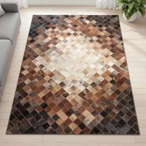 Cowhide Area Rug for Living Room, Genuine Animal Skins Cow Hide Patchwork Rug for Bedroom, Modern Western Home Decor Carpet, Thin Leather Fireplace Rug, Brown 5x8 ft
