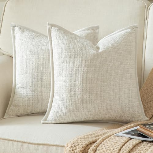 YAERTUN Pack of 2 Chenille Textured Decorative Cushion Covers Accent Solid Throw Pillow Covers Soft Cozy Pillow Case with Velvet Back for Couch Sofa Bed Living Room 16x16 Inch 40x40cm Cream White