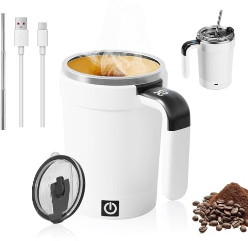 Selbstrührende Tasse, 380ml Selbstrührende Kaffeetasse aus Edelstahl, Automatischer Magnetischer Rührbecher, Selbstrührender Becher zur Temperaturmessung für Kaffee, Milch (Weiß)