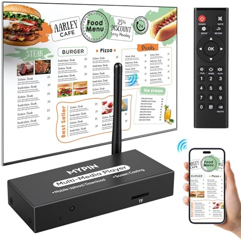 MYPIN Advertising mediaspelare USB-videospelare för digital signering eller TV, trådlös displayadapter med skärmspegling, fotoshare-funktion, looping och automatisk uppspelning och enkel installation