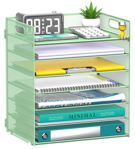ReePlan 7 Tier Paper Organizer - Mesh Desktop File Holder with Handles for Office School Desk, Black (Mint green)