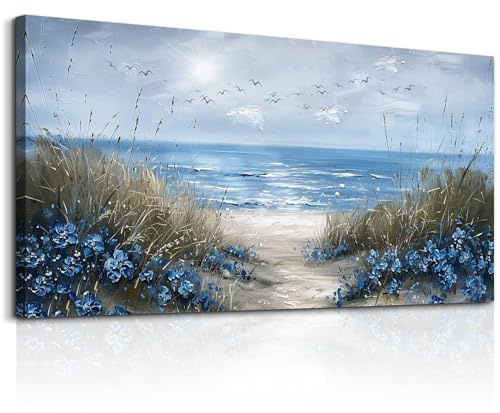 JHHUAMO Stampa su Tela Grande, 50 x 100 cm L Quadri Moderni Soggiorno, Costa del Mare dei Fiori Blu Decorazione Parete per Ufficio Sala Camera