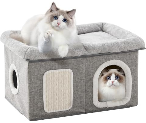 WINDRACING Cat House for Indoor Cats - 24.4 W Extra Wide Cat Bed Cave for Double Small Cats and Foldable with Scratch Pad, Cat Hideaway Condo for Kitten, 24.4x16.9x14.2 Inches, Light Grey