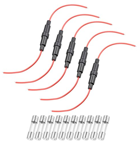 sourcing map 5 Pcs 6x30mm Inline Screw Type Fuse Holder 22 Gauge AWG Red Wire with 10 Pcs 3A Fast Blow Glass Fuses