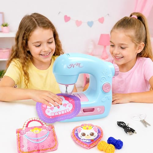FOTSHARER Mini Blue Sewing Machine Toy with Cloths Cotton Educational Craft, Portable DIY Sewing Kit Arts & & Educational Crafts Kids Tool for Holiday Birthday Gifts for Kids