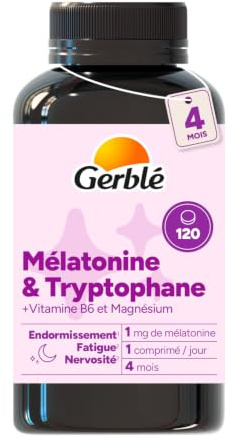 GERBLE - Mélatonine & Tryptophane 1 mg - Avec Vitamine B6 & Magnésium - Complément Alimentaire Sommeil - Endormissement & Fonction nerveuse - Vegan - Programme 4 Mois (120 Comprimés)