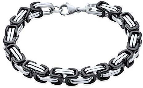 Mechanic Byzantine Goth Punk Rocker Urban Biker Jewelry Flexible Heavy Double Link Men Teens Bracelet Silver Tone Black IP Plated Two Tone Stainless Steel 9 Inch