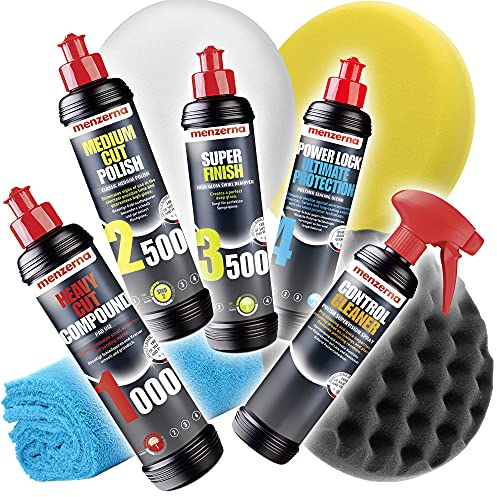Detailmate Auto Politur Set - Menzerna Autopolitur 250ml: Super Heavy Cut 1000 + Medium Cut 2500 + Super Finish Plus 3500 + Power Lock Ultimate Prot. Wachs + 3x Menzerna Pad + Poliertuch + Handschuhe