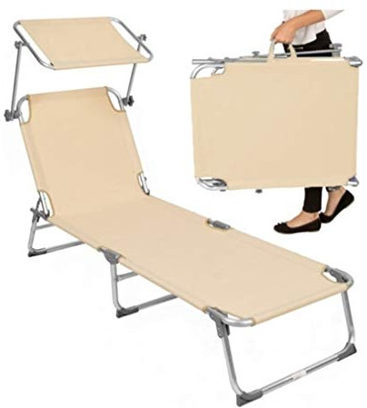 Lettino prendisole, grande sedia a sdraio reclinabile, 190 x 68 x 28 cm, capacità di carico 110 kg, con ombrellone, pieghevole, per giardino, balcone, terrazza (beige)