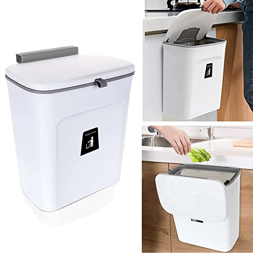 Hanging Trash Can with Sliding Cover, 9L Built-in Bin Waste Bin with Lid, Plastic Cupboard Bins for Cupboard, Kitchen, Motorhome,Bathroom, Toilet, Bedroom, Living Room, Office – White