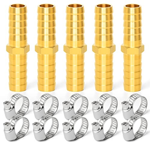 ERGAOBOY 5 Stk 16mm Messing Schlauchtülle, 2 Wege gerade Schlauchverschraubung mit 10 Stk Schellen