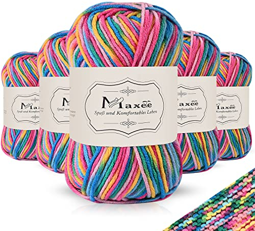 Maxee Handstrickgarn, 5x50 g Häkelgarn, Bunt Farbverlauf Acrylgarn zum Stricken, Weicher Wolle zum Häkeln, Mehrfarbiges Garn zum Stricken Häkeln und Basteln-29