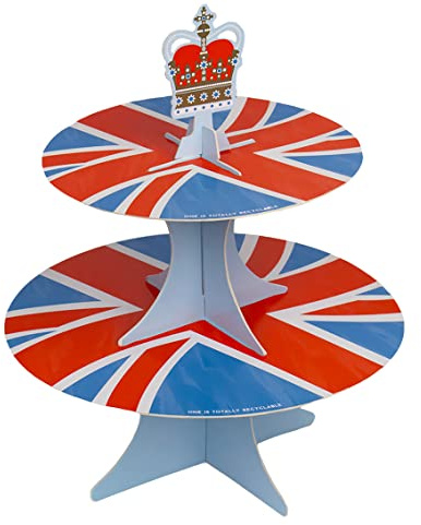 Coronation Table Decorations | Disposable 2 Tier Paper Reversible Cake Stand | Includes British Union Jack Flag & Crown Cakestand Topper | Party Supplies Royal Table Decorations- Height 30cm