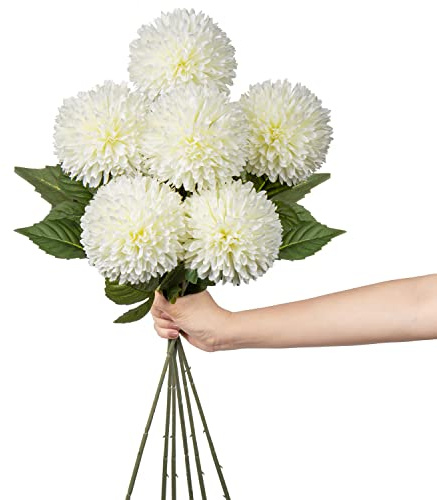 Hollyone Chrysanthèmes artificiels avec tige de 62 cm, style classique, idéal pour la maison, le bureau, la décoration de mariage, 10,2 cm, crème blanc, 6 pièces