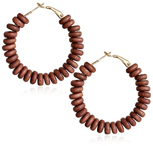 Handmade Nature Wooden Beaded Hoop Earrings Bohemian Minimalist Colorful Circle Round Wood Bead Earrings Vintage Chic Wooden Ethnic Dangle Drop Earrings for Women Statement Jewelry Gifts (Brown 4)