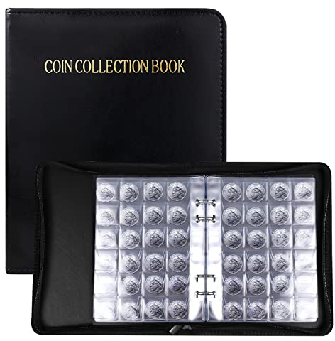 SAVITA 20 Pages/480 Pockets Coin Collection Album, 1.2inch Pocket Leather Coin Collecting Book Holder with Zipper Coin Collection Binder Penny Collection Album for Coin Collectors (Black)