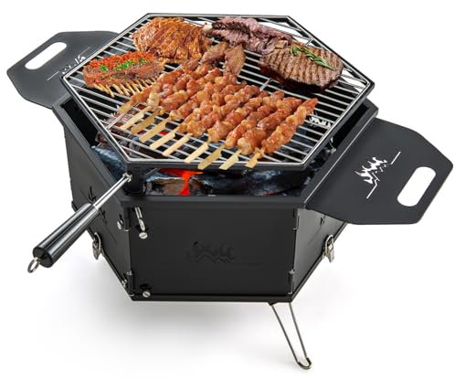 COSTWAY Barbecue de Charbon de Bois et cheminée 2 en 1 avec Grille Rotative à 360°, Grand Barbecue Portable avec Poignées Corps et Pieds Pliables, pour Camping Randonnée, 77 x 74 x 38 cm